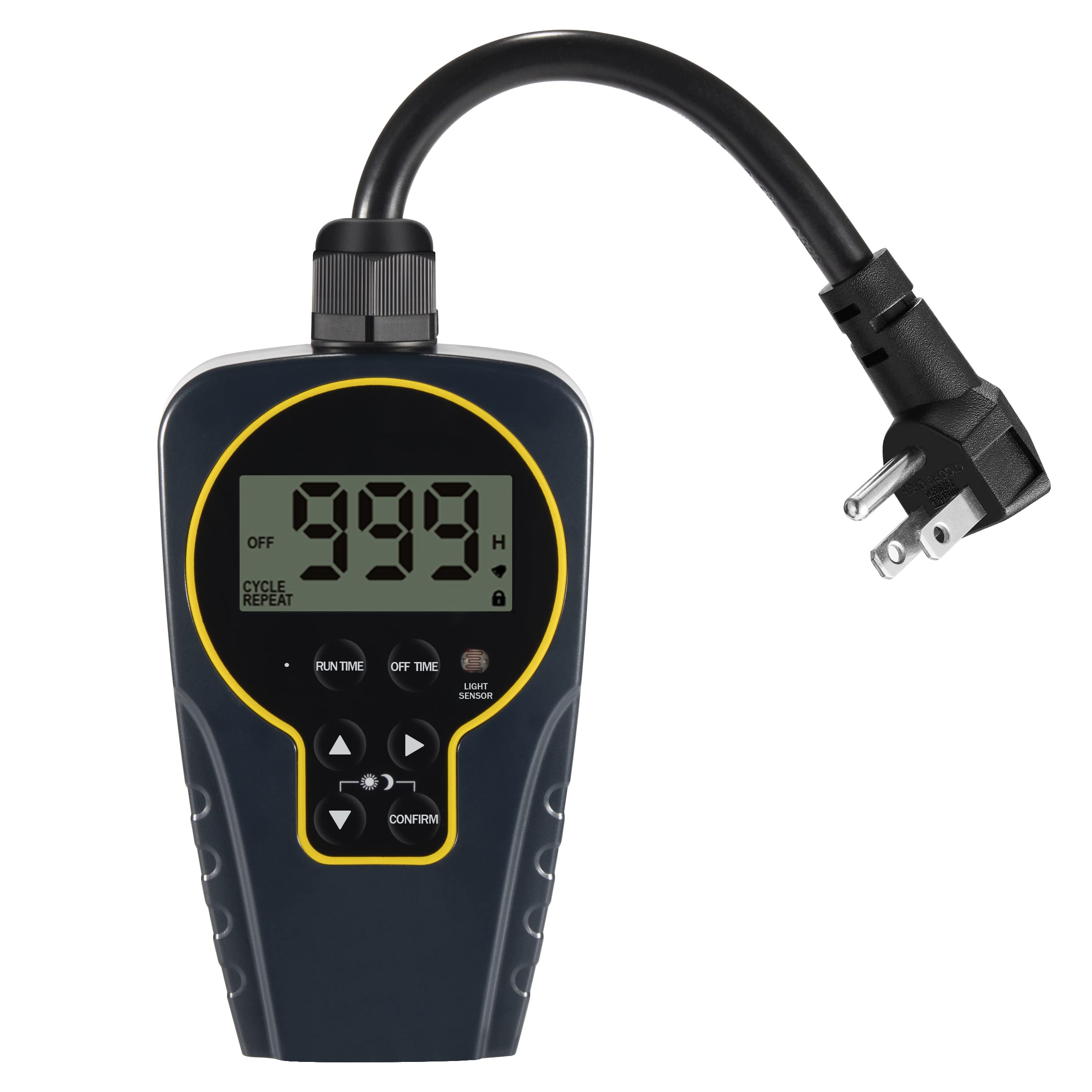 999 h Short/Long On-Off Interval Repeat Cycle Timer Waterproof Plug Outlet with Countdown and Light Sensor for Outdoor
