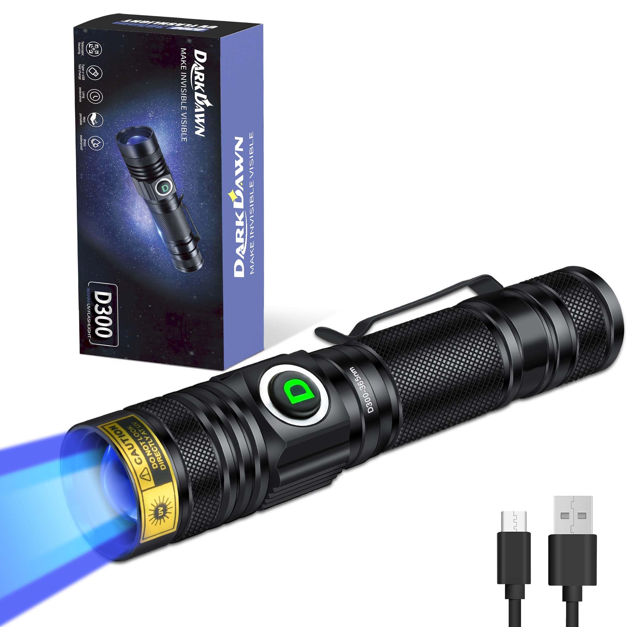 DARKDAWN UV 365nm Light Flashlight for Cat Urine Detection Portable Blacklight USB Rechargeable D300 365nm UV Led for Ur