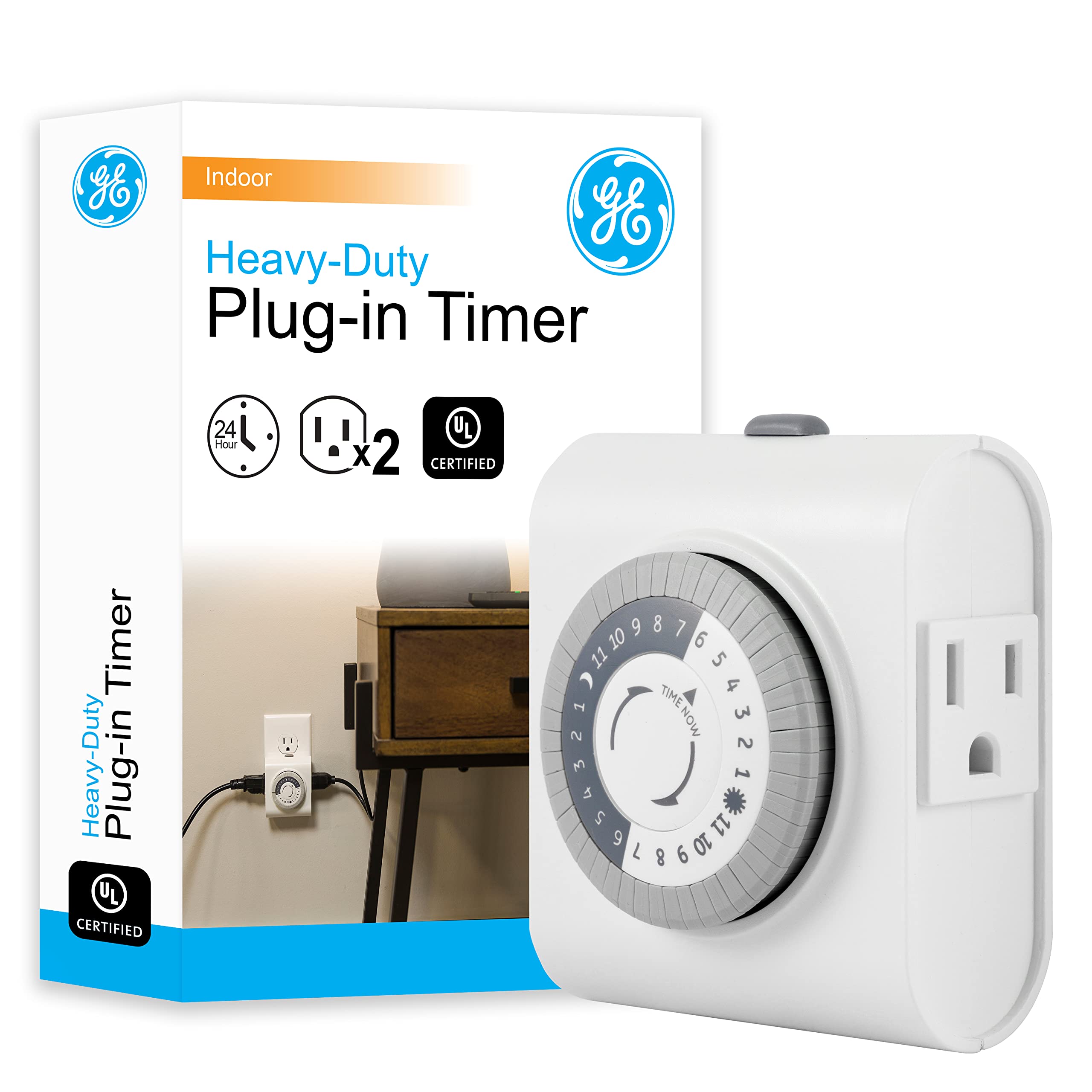 GE 15075 White Heavy Duty On/Off Timer for Indoor Use, 24 Hour 2 Outlet Timer, Kitchen & Bath Timer